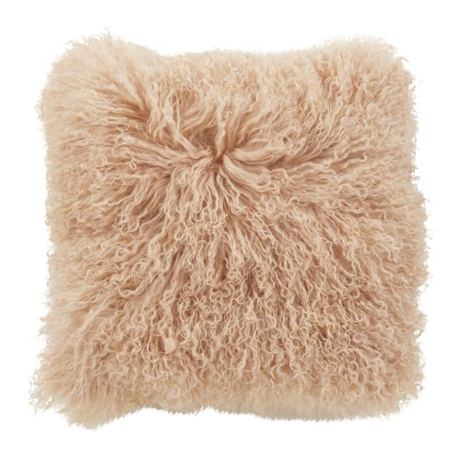 Saro Lifestyle 100% Wool Mongolian Lamb Fur Throw Pillow With Poly Filling, Peach, 16" x 16"