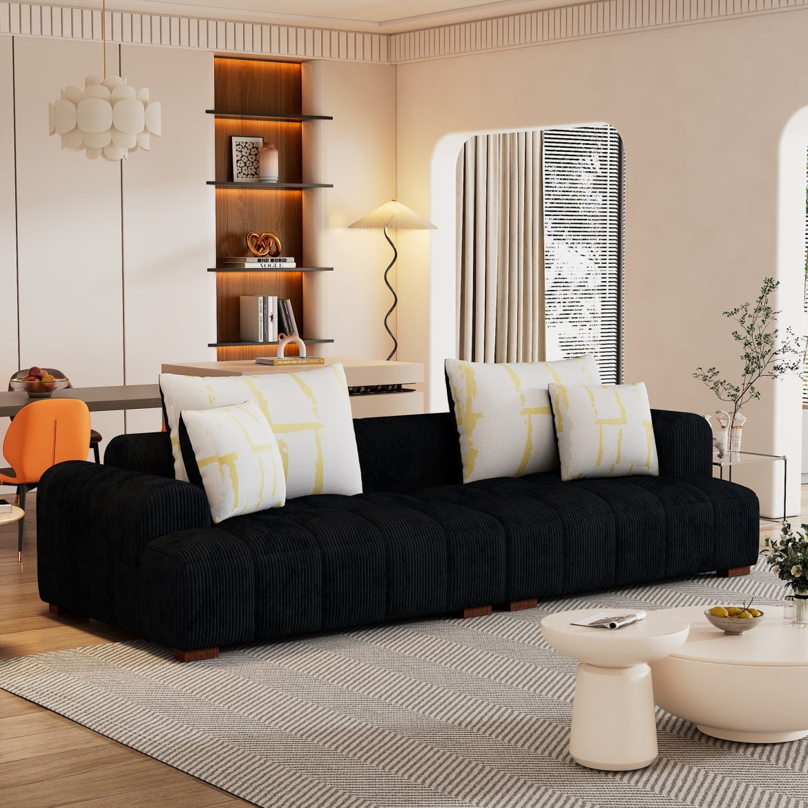 103.9" Modern Couch, Corduroy Fabric Comfy Deep Seat Sofa with Rubber Wood Legs, 4 Tossing Pillows for Living Room, Bedroom, Apartment, Dorm, Black