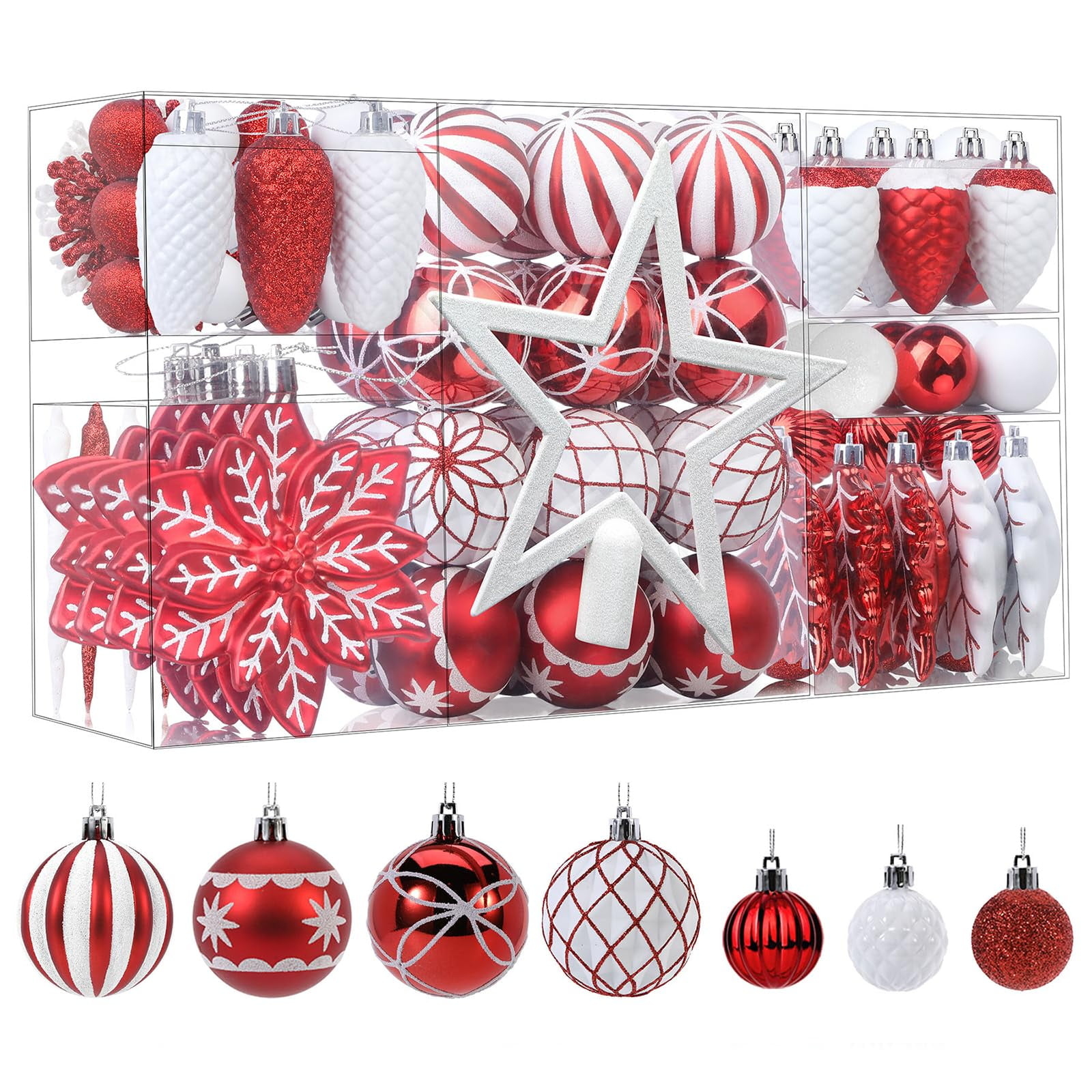 106CT Christmas Ball Ornaments, Shatterproof Plastic Baubles for Holiday Xmas Decor with Hooks, Red & White