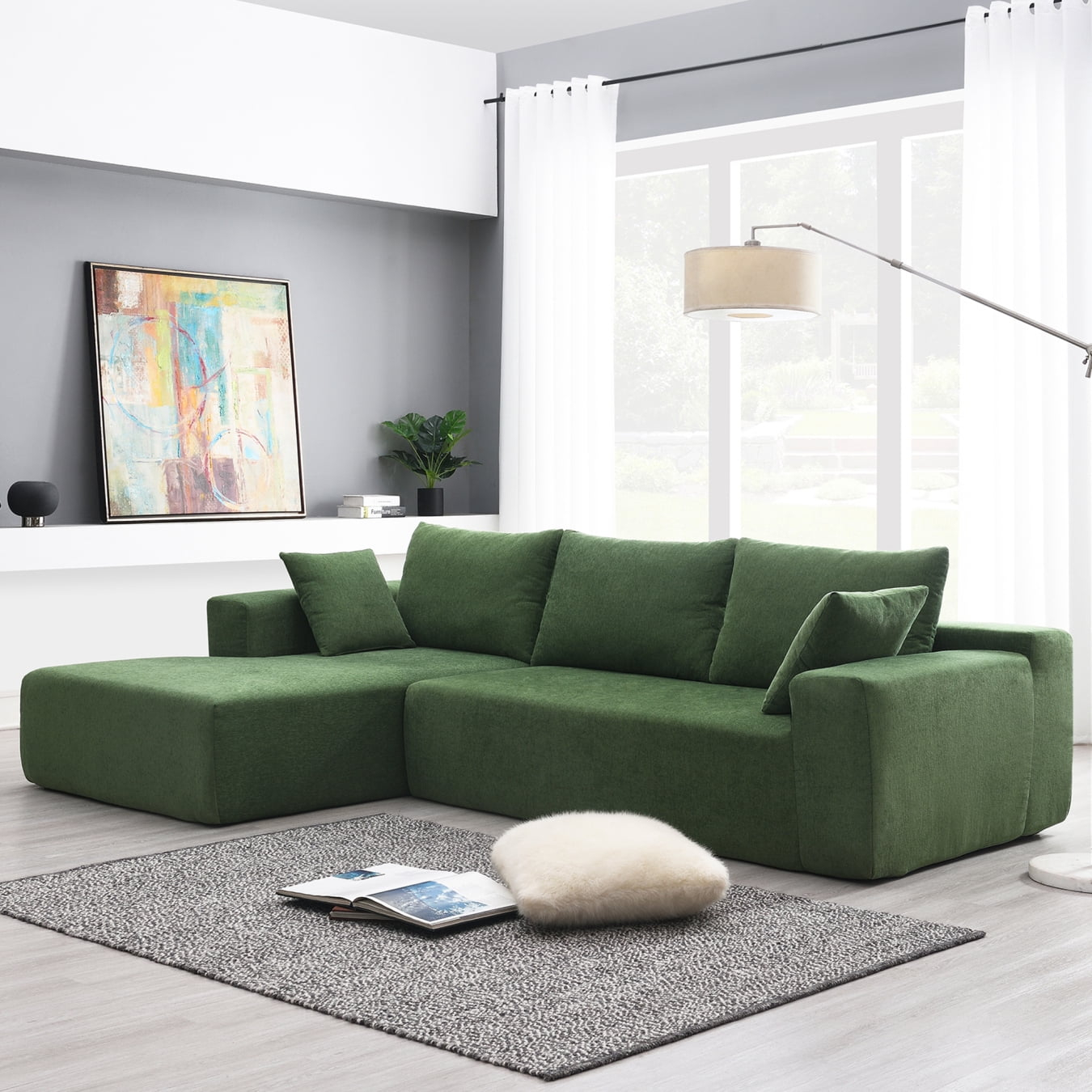 109"W Modular Sectional Couch, Chenille L Shaped Sofa with Free Combination Design, Floor Sofa Deep Couch for Living Room, Apartment, Salon, 440LBS/Seat Weight Capacity, Green
