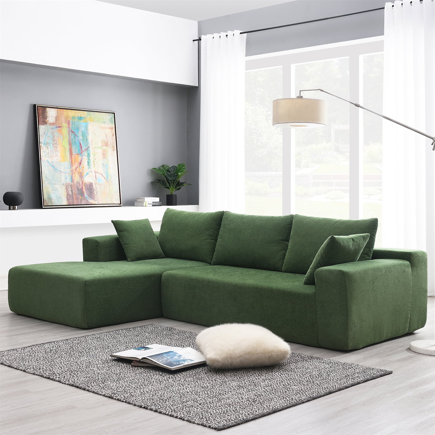 109"W Modular Sectional Couch, Chenille L Shaped Sofa with Free Combination Design, Floor Sofa Deep Couch for Living Room, Apartment, Salon, 440LBS/Seat Weight Capacity, Green