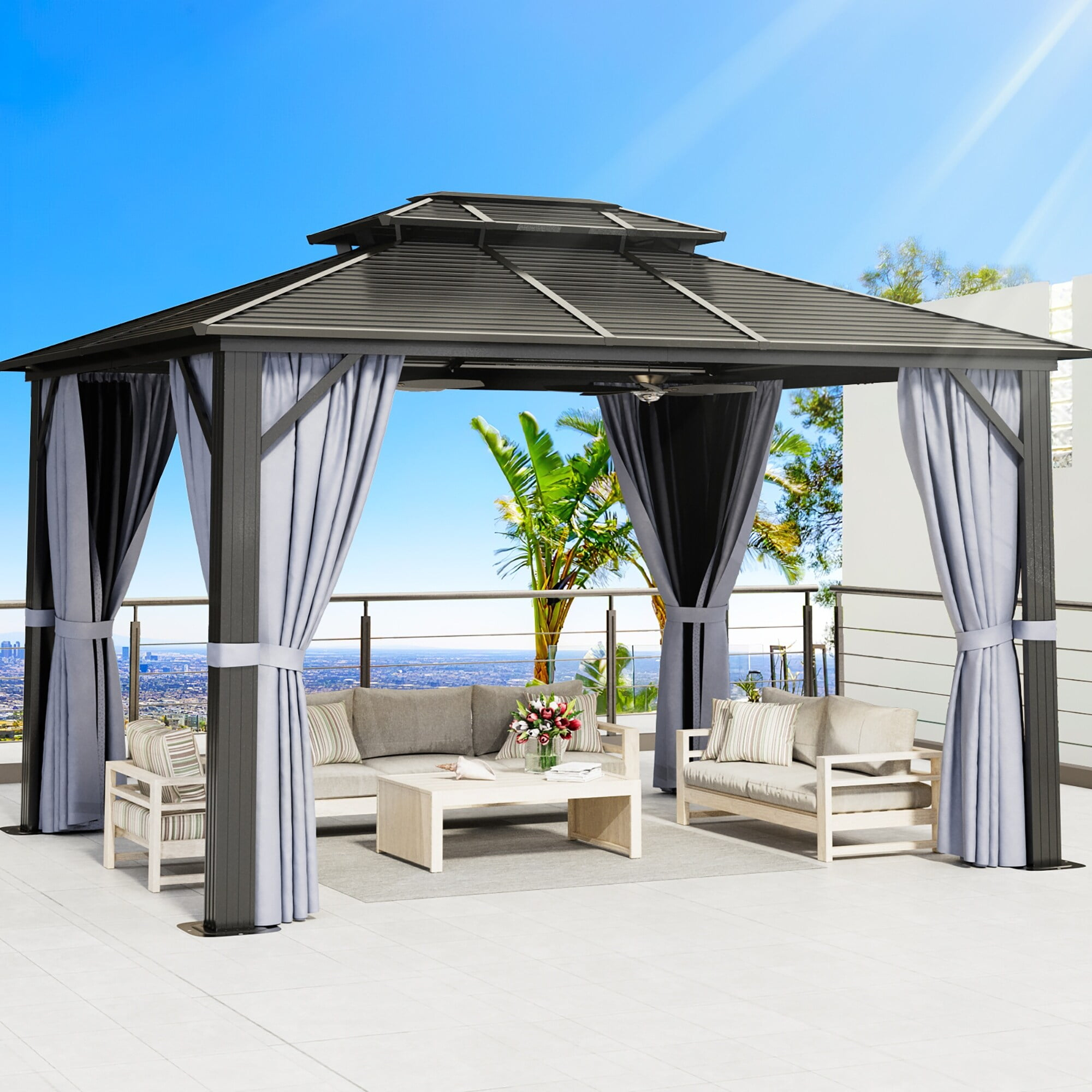 Sunmthink Patio 10x12 ft. Hardtop Gazebo, Double Roof Aluminum Frame with Netting and Curtains, Gray