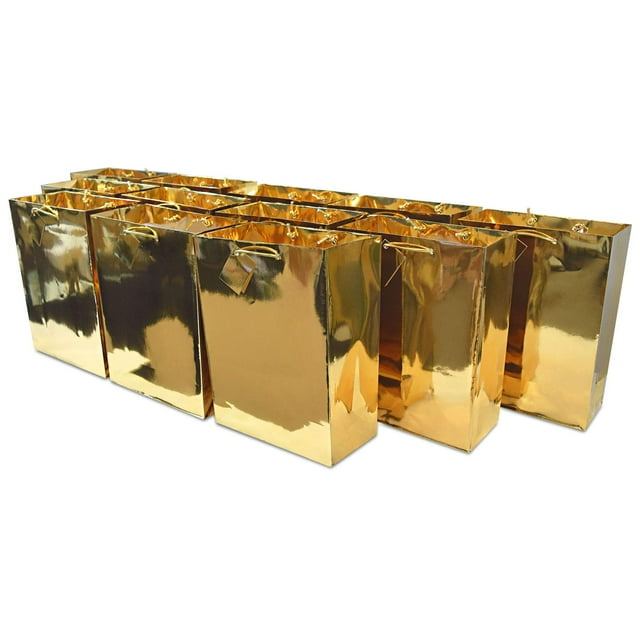 10x13x5" 12uds. Grandes Bolsas de Regalo de Papel Dorado Metalizado con Asas Metálicas, Bolsas de Regalo para Fiestas de Cumpleaños, Regalos de Bodas C8
