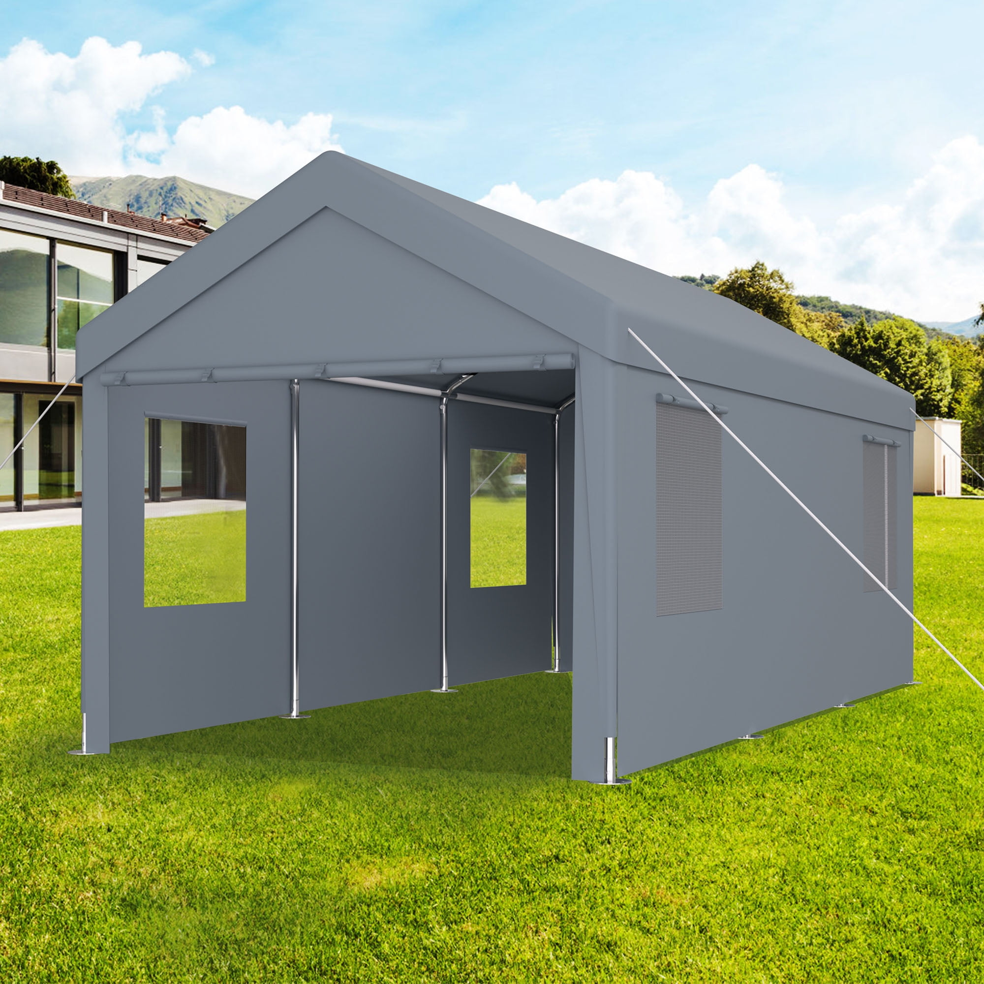 10x20ft Carport Portable Garage, Heavy Duty Carport Canopy with 2 Rolling Doors and 4 Ventilation Windows for Cars, Trucks, Boats, Garden Tools