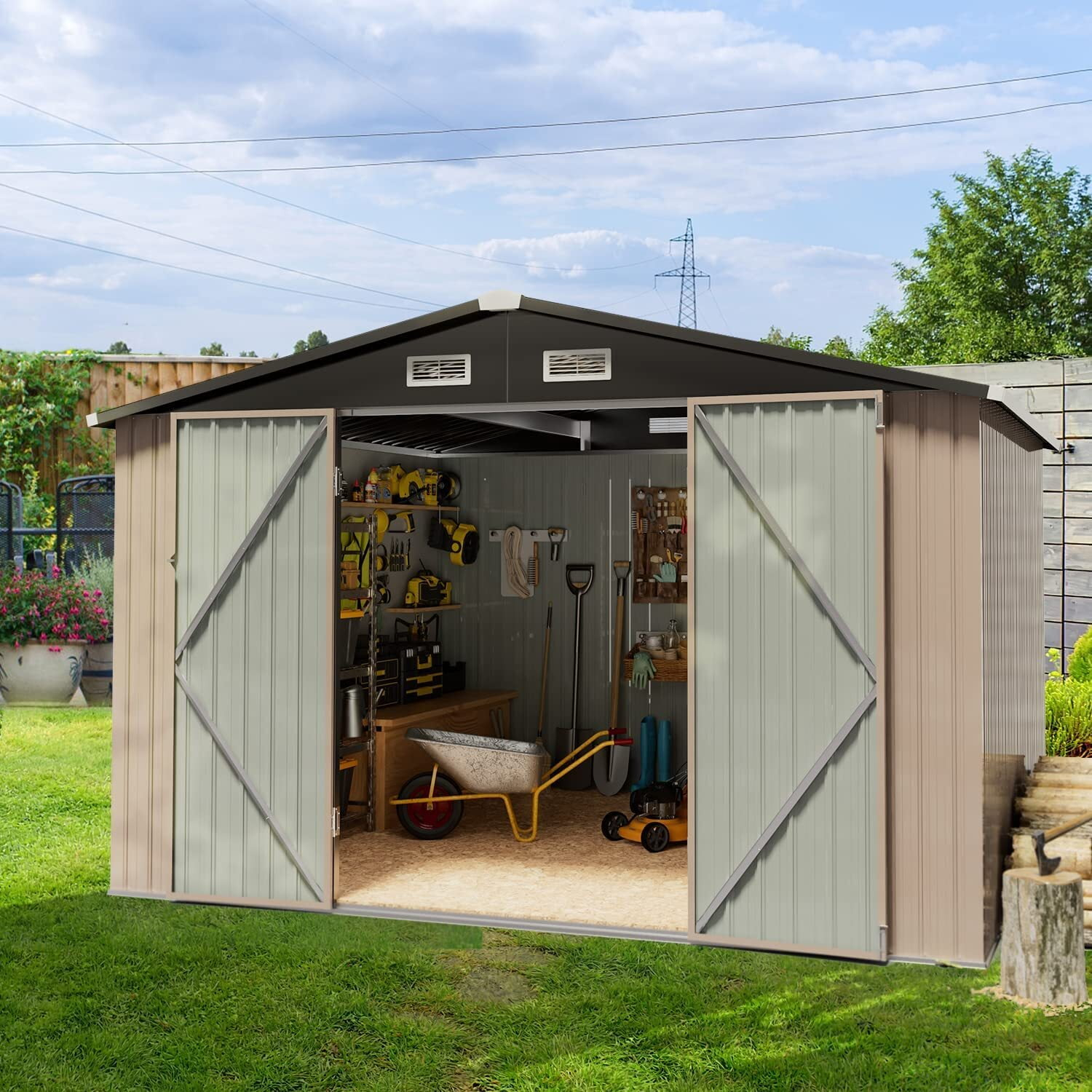 Patiowell 10' x 8' Outdoor Storage Shed with Floor Frame Kit, Metal Garden Tool Shed with Design of Lockable Doors, Utility and Tool Storage for Garden, Backyard, Patio, and Outside Use, Brown