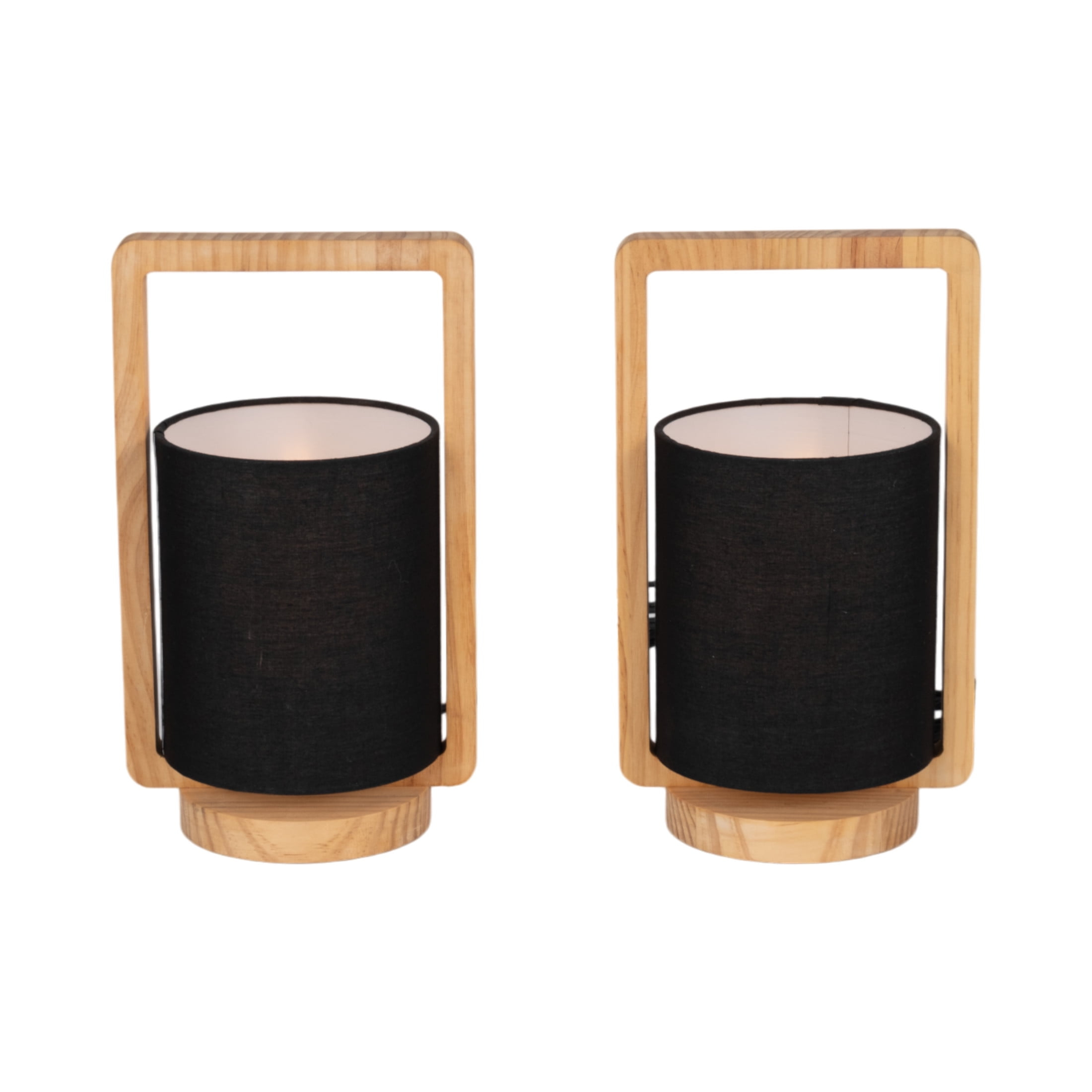 11"Hx8" Diameter, Set of Two, Wood Cylinder Table Lamps, Natural Wood and Black Finish, Rustic Lighting  Accent in Any Home or Office Space