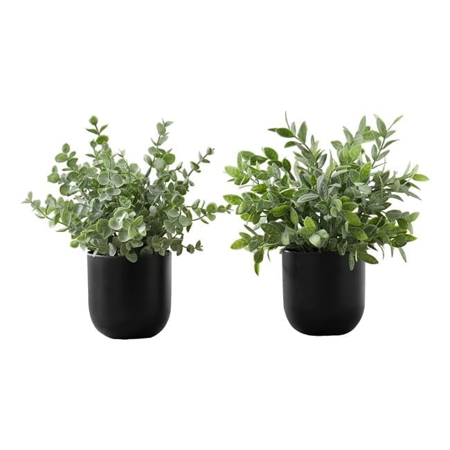 11 in. Decorative Green Leaves Artificial Plant, Black Pots - Set of 2