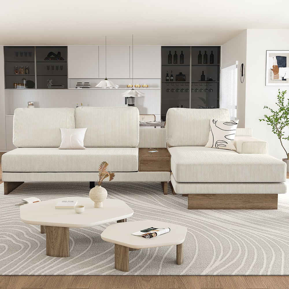 114" L-shaped Sofa Sectional Sofa with Two USB Ports and Two Power Sockets, A Storage Drawer and A Reversible Chaise Lounge for Living Room