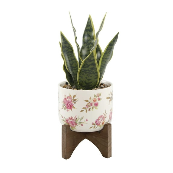 12" Artificial Snake Plant in Floral Print Ceramic Planter on Wood Stand
