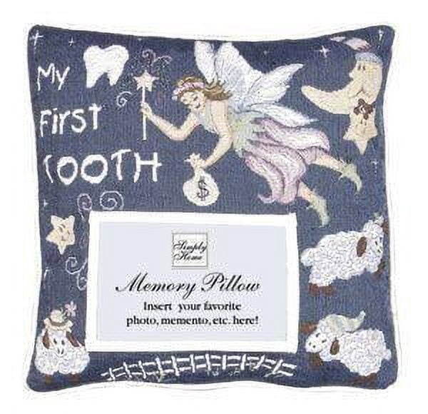12" Blue and White "My First Tooth" Fairy Square Throw Pillow with Memory Photo Insert