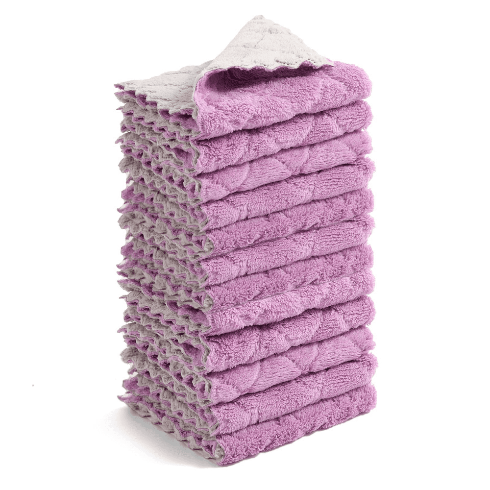 12 Pack Kitchen Cloth Dish Towels 10"x10", Premium Dishcloths, Super Absorbent Coral Velvet Dishtowels, Nonstick Oil Washable Fast Drying (Purple-Grey)