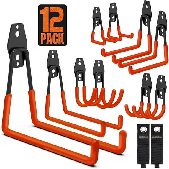 12 Pack Wall Storage Hooks with 2 Extension Cord Straps, Heavy Duty Tool Hangers for Utility Organizer, Wall Mount Holders for Garden Lawn Tools, Ladders Hanger