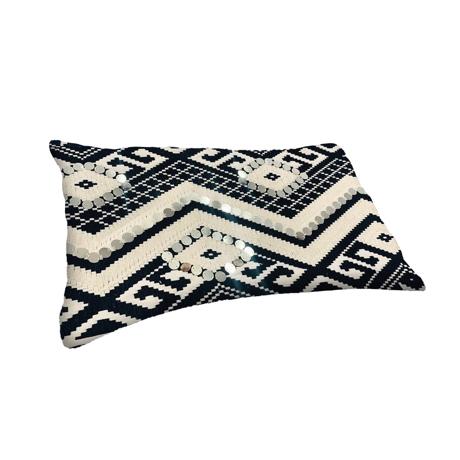 12 x 20 Rectangular Cotton Accent Lumbar Pillow, Classic Aztec Pattern, White, Black, Saltoro Sherpi