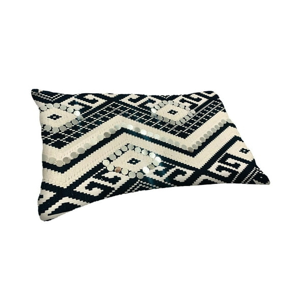 12 x 20 Rectangular Cotton Accent Lumbar Pillow, Classic Aztec Pattern, White, Black, Saltoro Sherpi