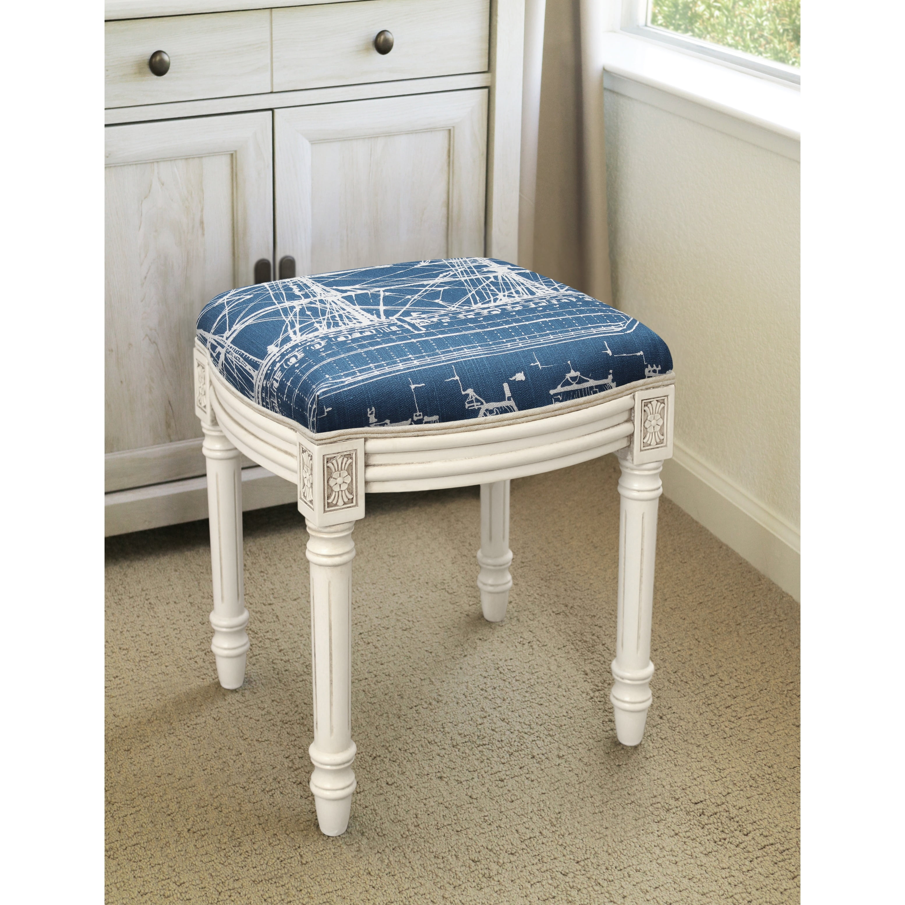 123 Creations Ship Navy Blue and Antique-white-finished Vanity Stool