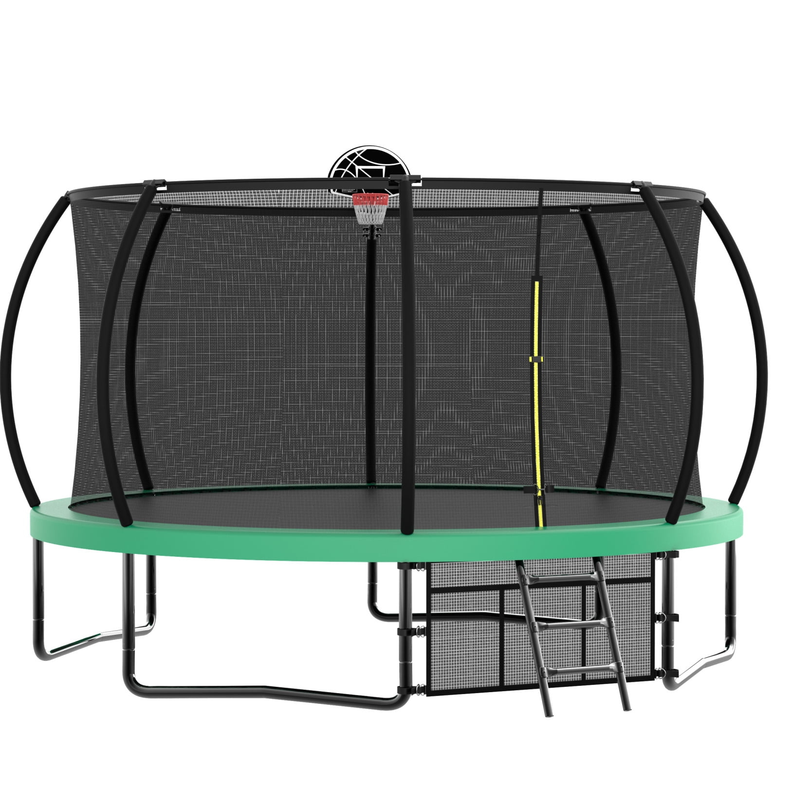 12FT Round Trampoline with Basketball Hoop for Kids, Outdoor Recreational Trampolines with Safety Enclosure Net & Ladder, 880 LBS Weight Capacity, Green