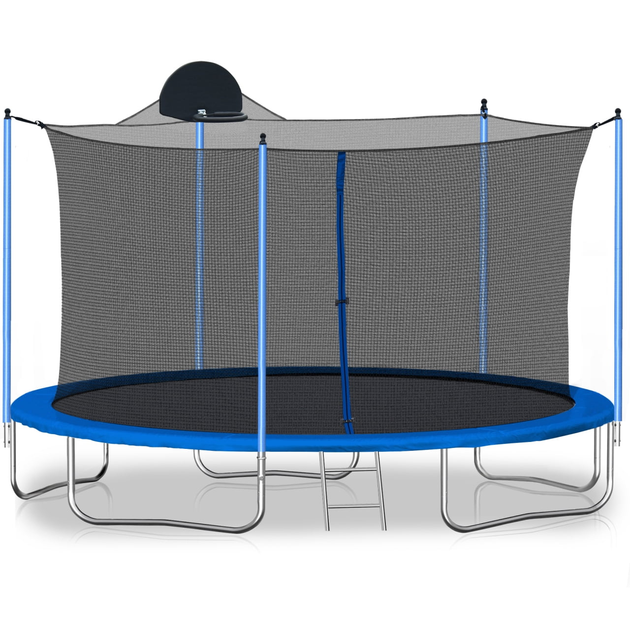 12FT Trampoline with Safety Enclosure Net, Outdoor Trampoline with Basketball Hoop and Non-Slip Ladder, Heavy Duty Jumping Mat and Spring Cover Padding for Kids and Adults, Blue