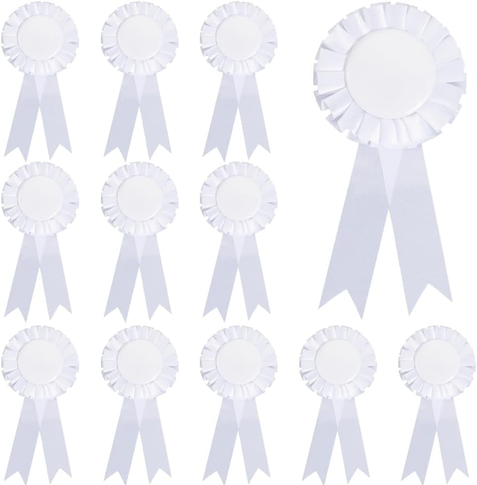 12Pcs White Brooch Winner Blank Award Ribbon Button Pin Victory Ribbons Rosette Ribbon Grand Prize for DIY Classroom Party Accessory Competition Sports Event School Contests Show