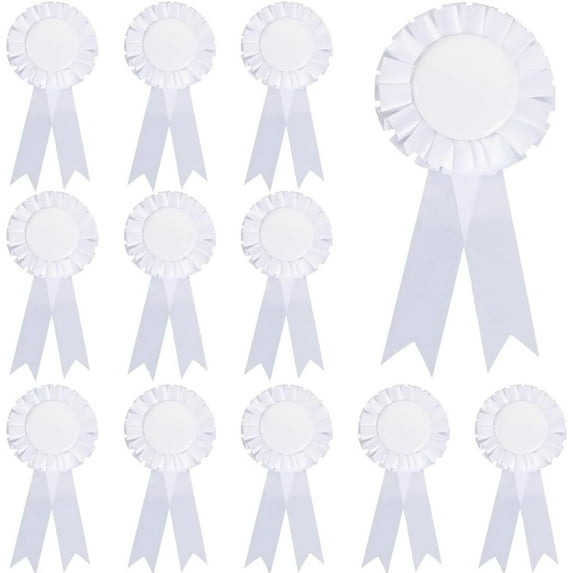 12Pcs White Brooch Winner Blank Award Ribbon Button Pin Victory Ribbons Rosette Ribbon Grand Prize for DIY Classroom Party Accessory Competition Sports Event School Contests Show