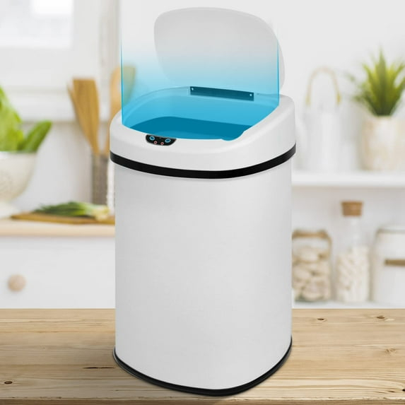 13 Gallon Trash Can Automatic Kitchen Garbage Can with Lid Touchless Sensor Waste Bin Slim No Touch Stainless Steel Trash Can for Home, Living Room, Bedroom, Office （White）