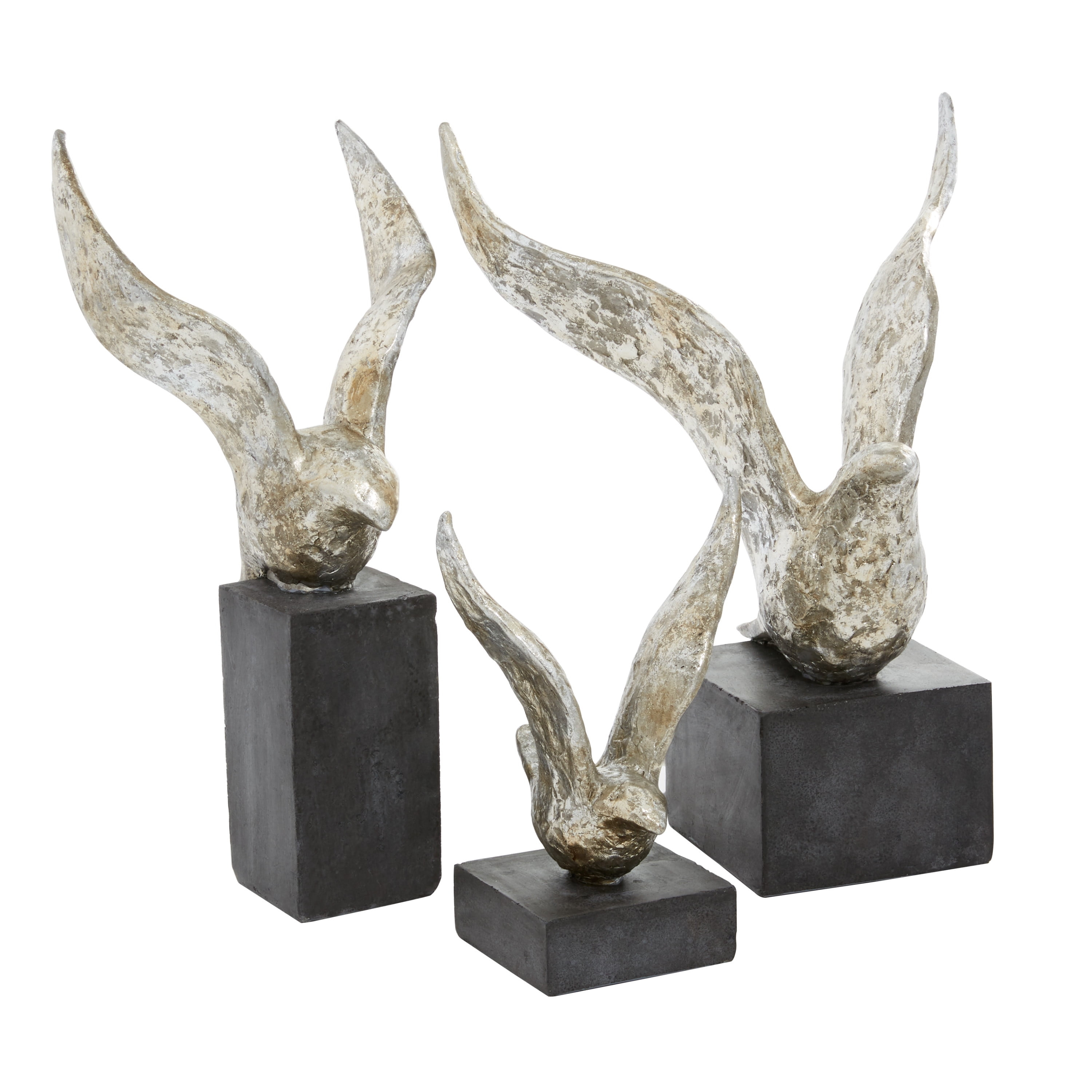 14", 9", 14"H Silver Polystone Bird Sculpture, by DecMode (3 Count)