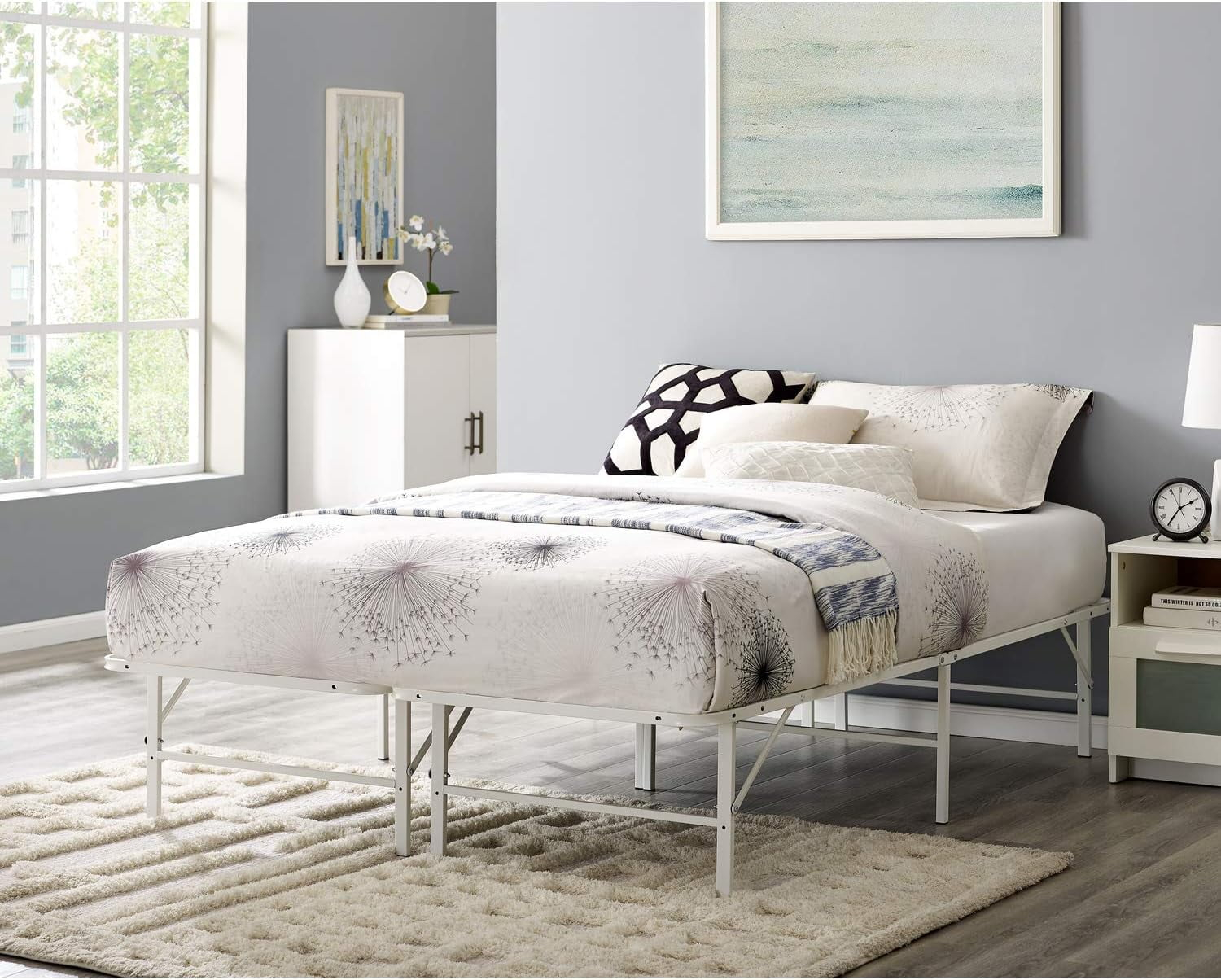 14" foldable Queen Bed Frame Heavy Duty Metal Bed Frame Folding Bed Frame with Steel Slats Box Spring Replacement 600lbs Capacity Platform Bed Queen Bed Frame Size-White