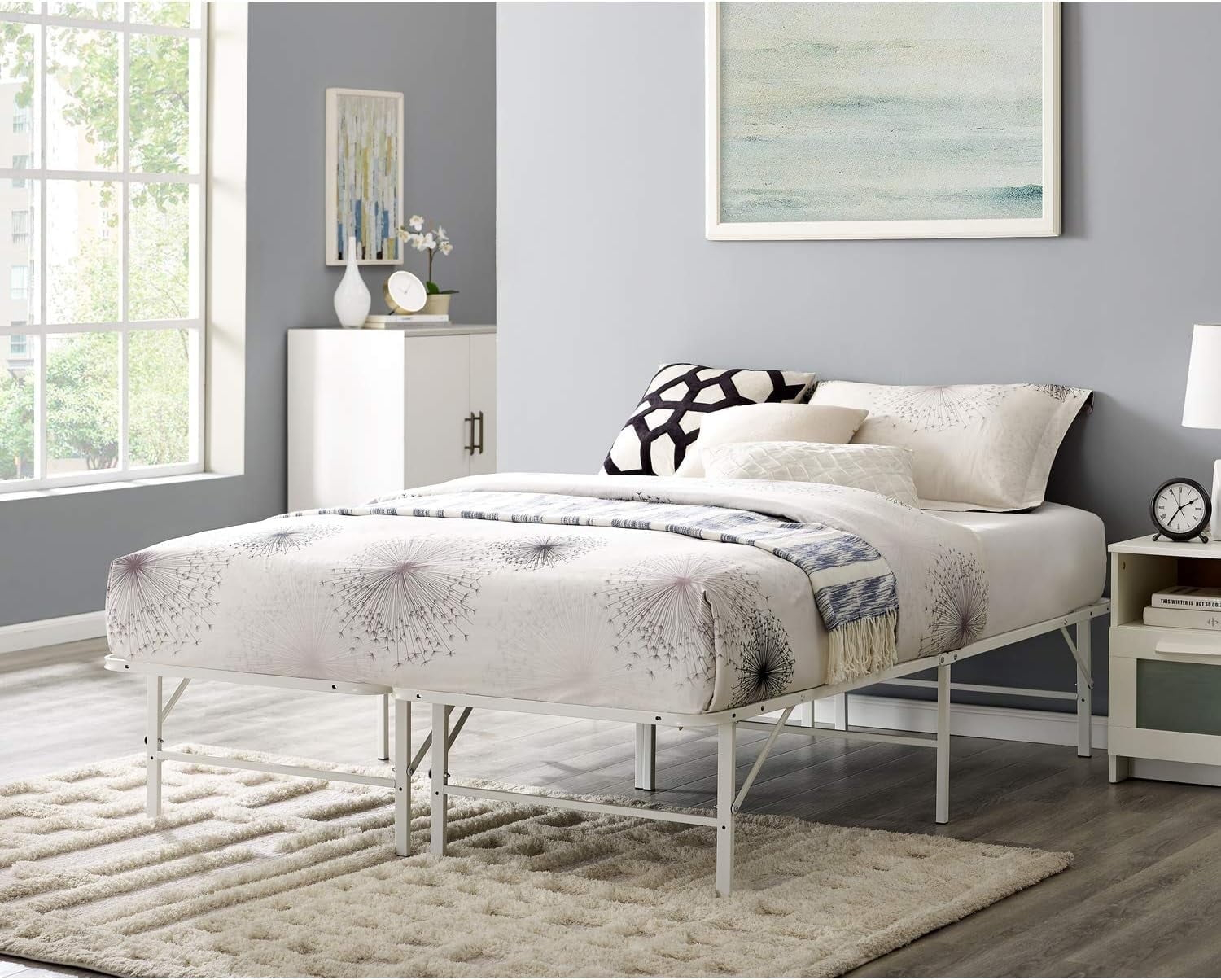 14" foldable Queen Bed Frame Heavy Duty Metal Bed Frame Folding Bed Frame with Steel Slats Box Spring Replacement 600lbs Capacity Platform Bed Queen Bed Frame Size-White