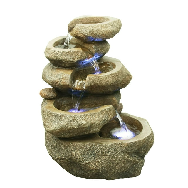 14" Led Lighted Five Level Rock Waterfall Outdoor Garden Fountain