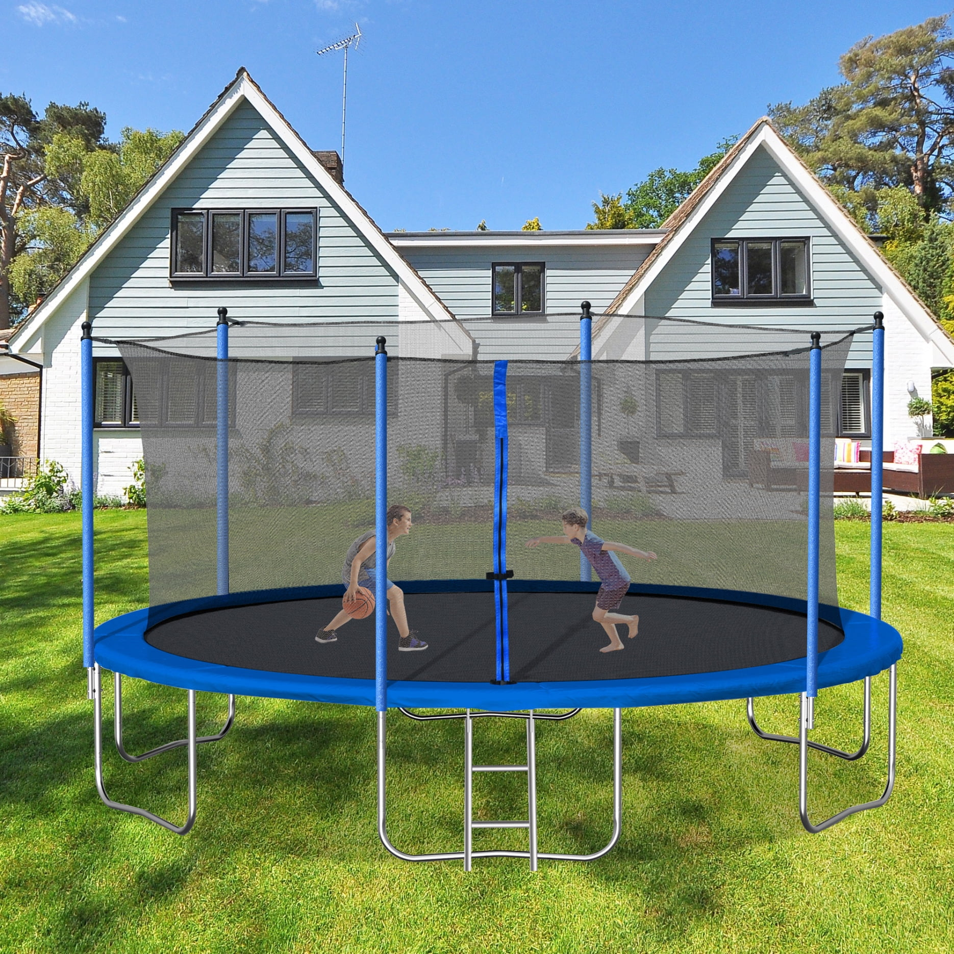 14FT  Trampoline with Safety Enclosure Net, Heavy Duty Jumping Mat and Spring Cover Padding for Kids and Adults,  Large Trampoline with Ladder for Backyard Commercial Grade Roundness Outdoor ,Blue