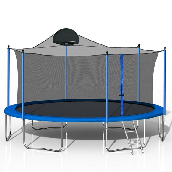 14FT Trampoline with Basketball Hoop for Kids & Adults, Outdoor Round Trampoline with Safety Enclosure Net, Recreational Heavy-Duty Trampoline, Blue