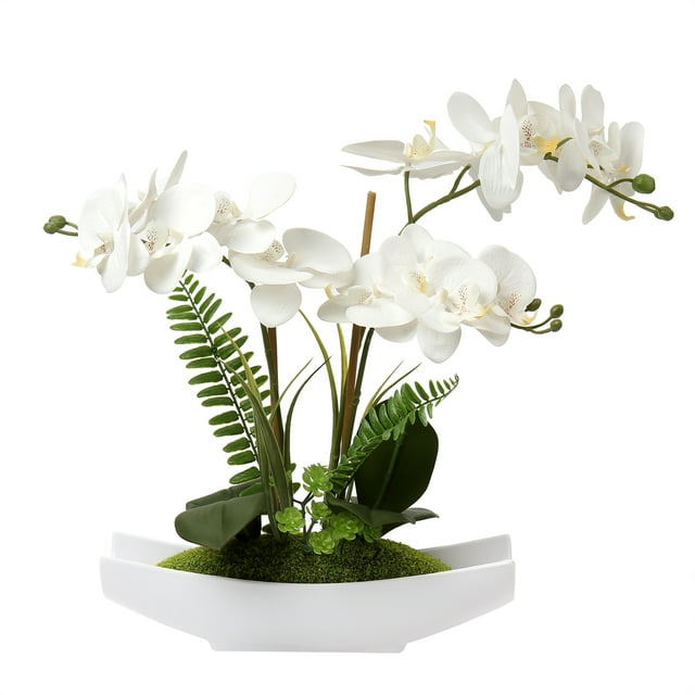 15" Artificial Orchid Flowers Phalaenopsis Flower Arrangements in Silver Vase Wedding Party Home Decor
