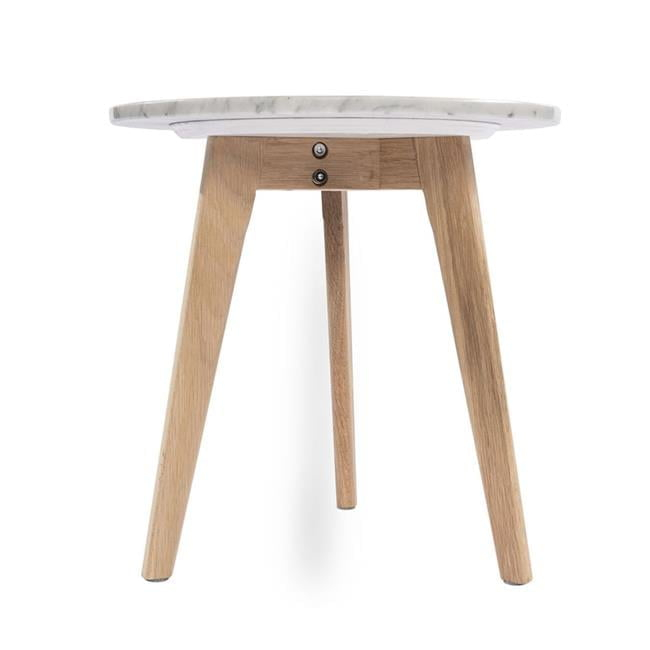 15 in. Cherie Round Italian Carrara White Marble Table with Oak Legs