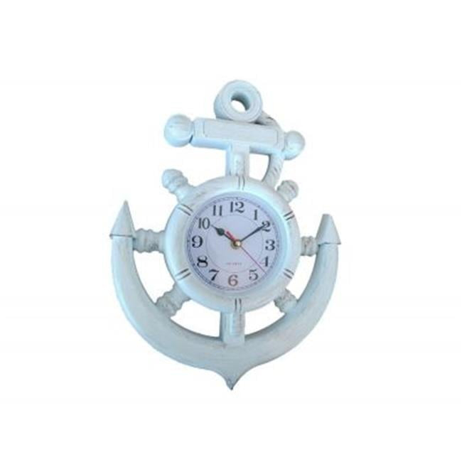 Handcrafted Model Ships Y-67039-3 15 in. Whitewashed Ship Wheel & Anchor Wall Clock