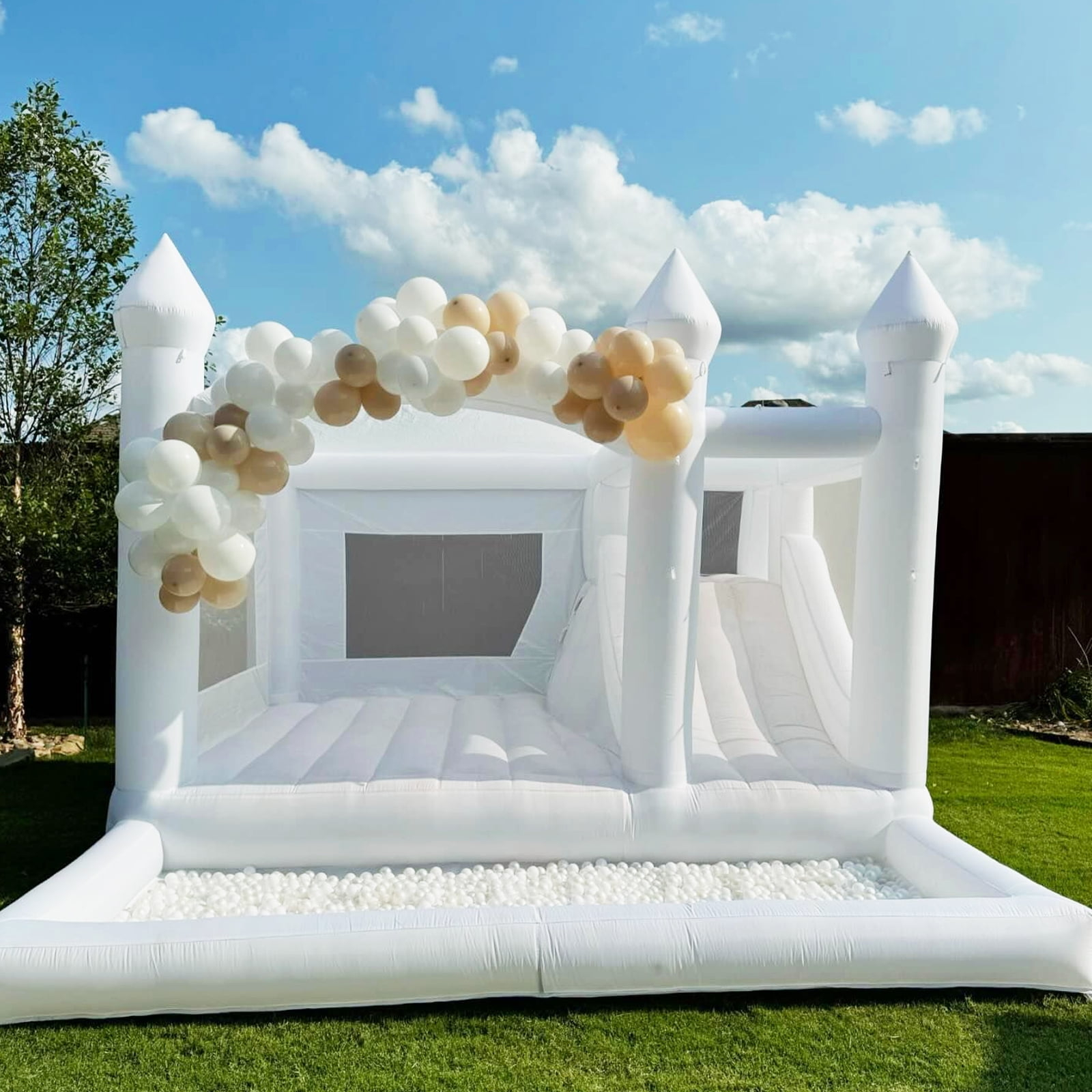15' x 13' Oxford White Bounce House with Ball Pit & Slide & Air Blower Large Size Bounce House for Kids Birthday Party/Events