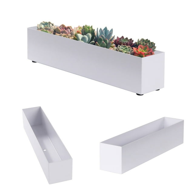 16" Window Box Rectangular Succulent Planting Box Metal Table Sill Planter Pots Modern Long Durable for Small Herb with Drainage Hole for Indoor Outdoor, with 4 Free Rubber Mats, White