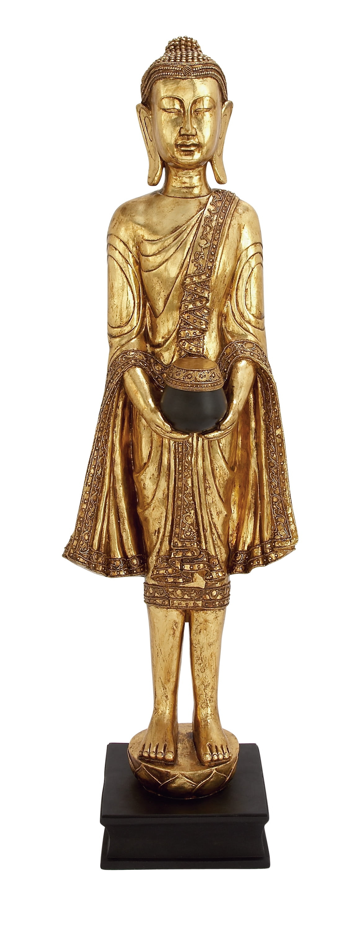 16" x 54" Gold Resin Meditating Buddha Sculpture with Engraved Carvings and Relief Detailing, by DecMode