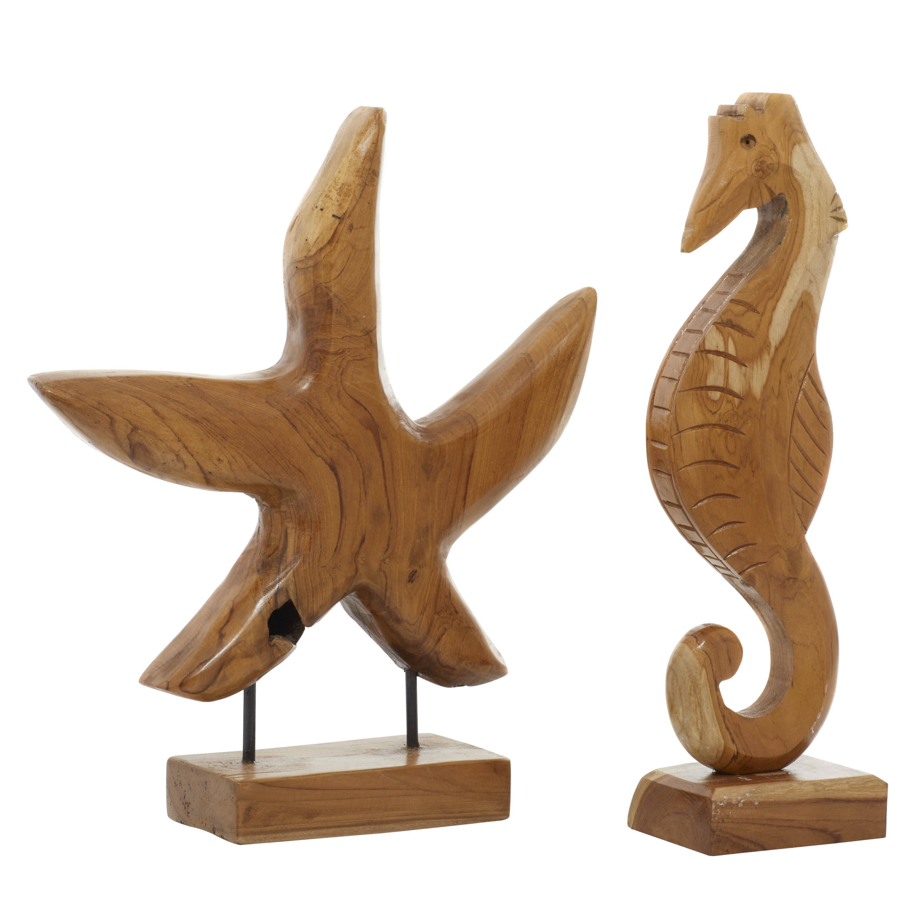 17", 18"H Brown Teak Wood Handmade Carved Sea Horse Sculpture with Starfish, by DecMode (2 Count)