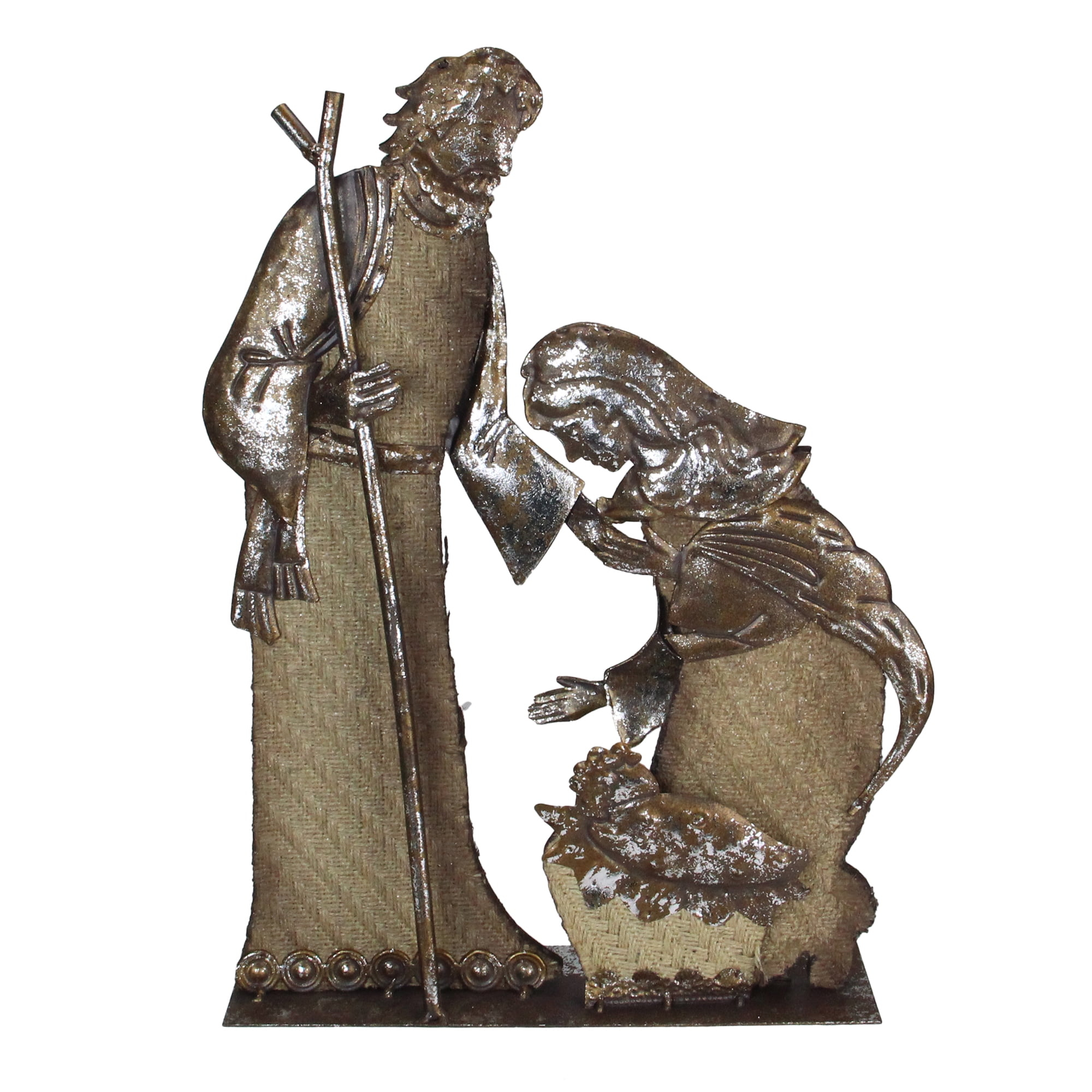 17" Rustic Metal Holy Family Nativity Scene With A Burlap Design Christmas Table Top Decoration