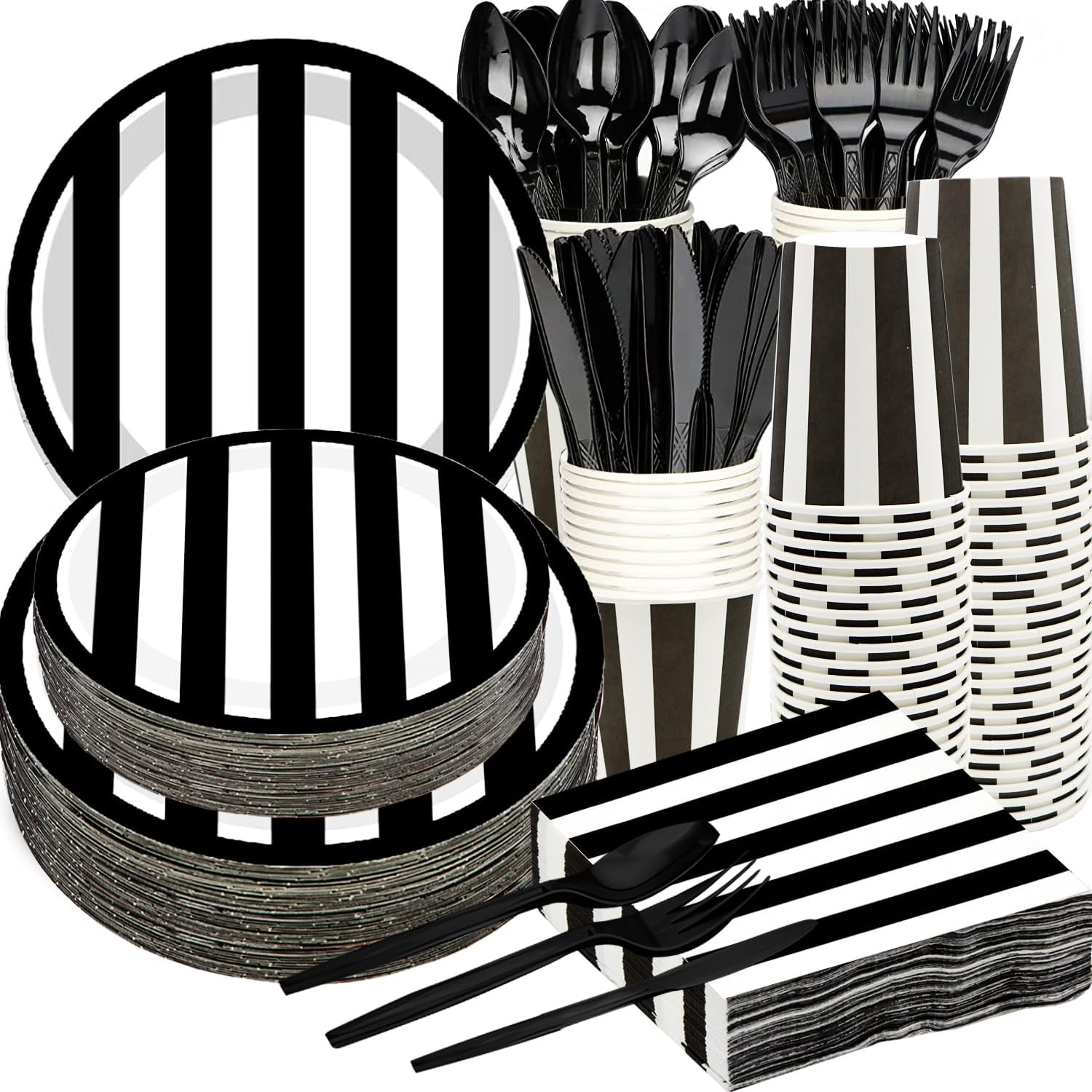 Serve25 175Pcs Black & White Striped Party Supplies - 9" & 7" Striped Paper Plates, Napkins, Cups, Cutlery for Black & White Birthday Party Decorations
