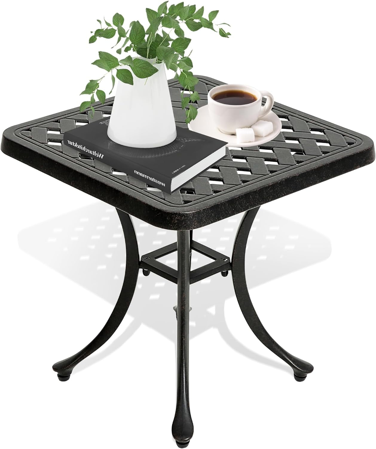 18" Outdoor Side Table, Patio End Tables Outside Cast Aluminum Anti-Rust Metal for Balcony, Backyard, Pool Side, Porch, Bronze
