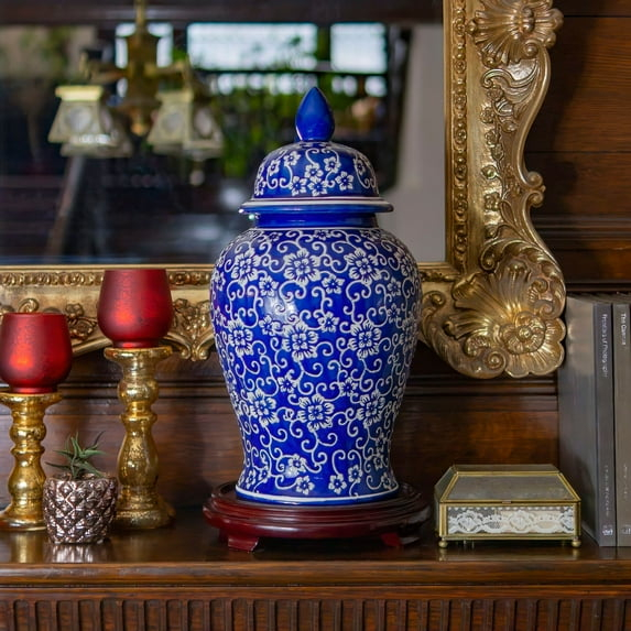 18" White Flowers on Blue Temple Jar