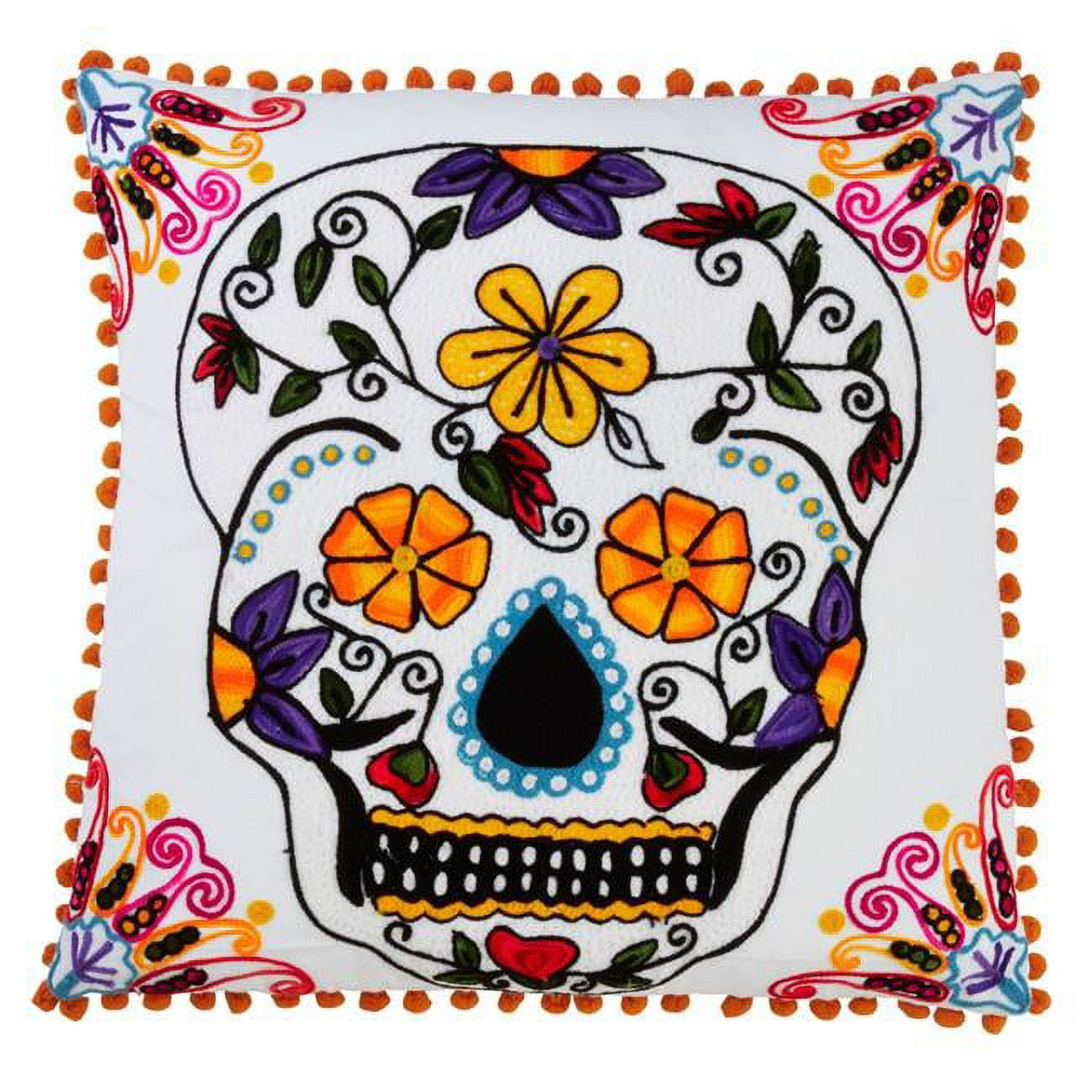 Sugar Skull Embroidered Cotton Throw Pillow