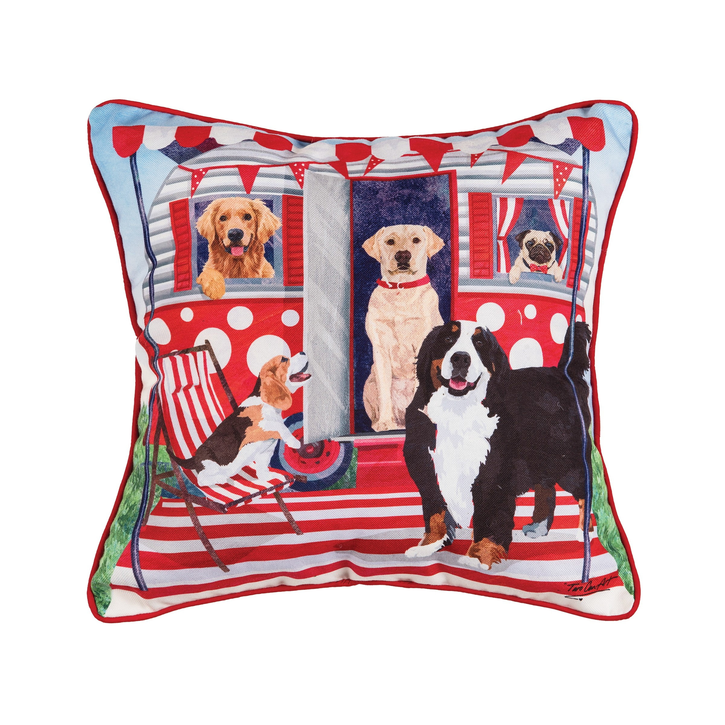 C&F Home 18" x 18" Dog Caravan 4th of July Patriotic, Printed Cotton Square Throw Pillow Large