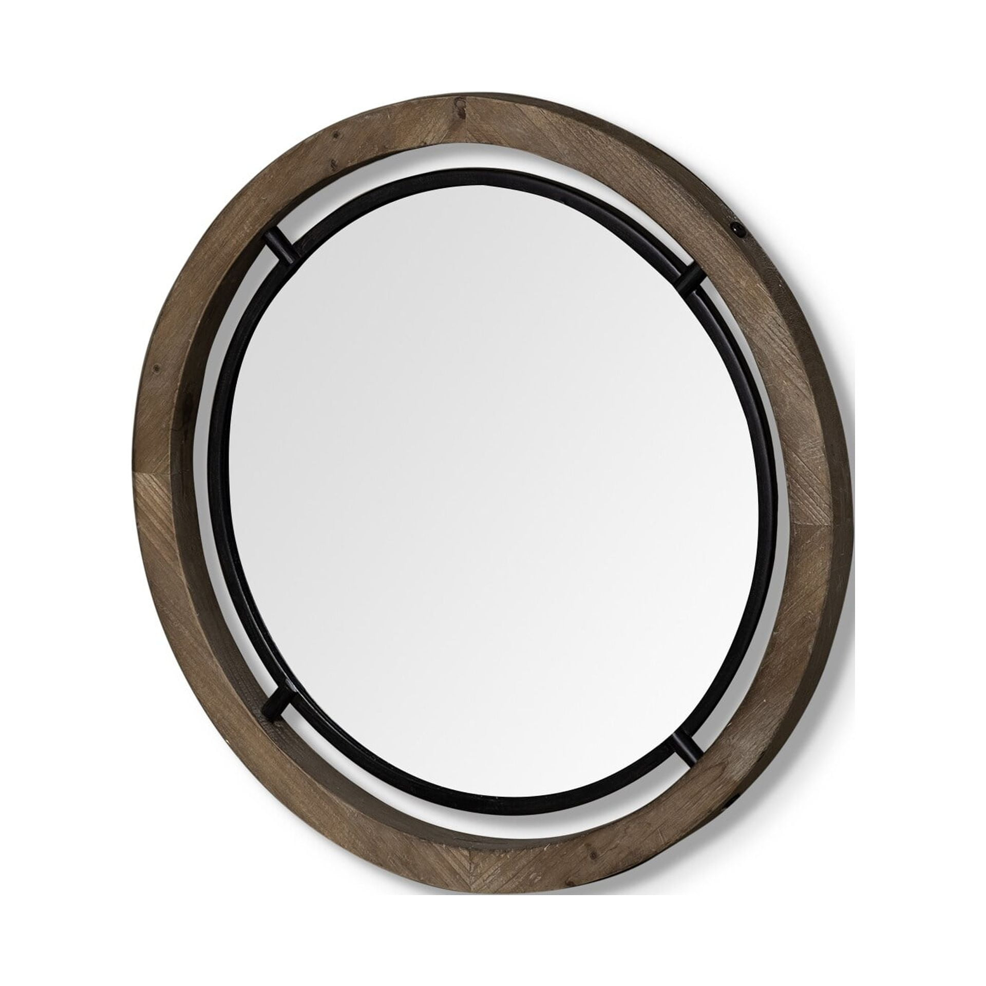 19" Brown Wood and Black Metal Frame Wall Mirror