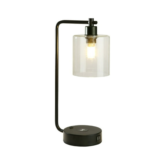 19" Clear Table Lamp with Wireless Charger and Glass Shade
