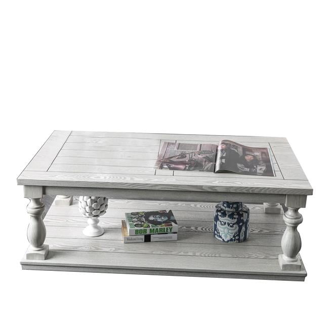 19 x 28 x 52 in. Plank Top Coffee Table with Open Shelf & Turned Legs, Antique White