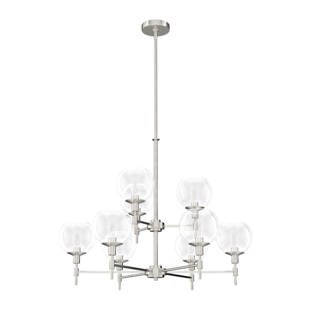 Hunter - Xidane 9-light Brushed Nickel, Large Chandelier, Dimmable, Round Shaped, for Bedrooms, Kitchens, Dining, Living Rooms - 19746