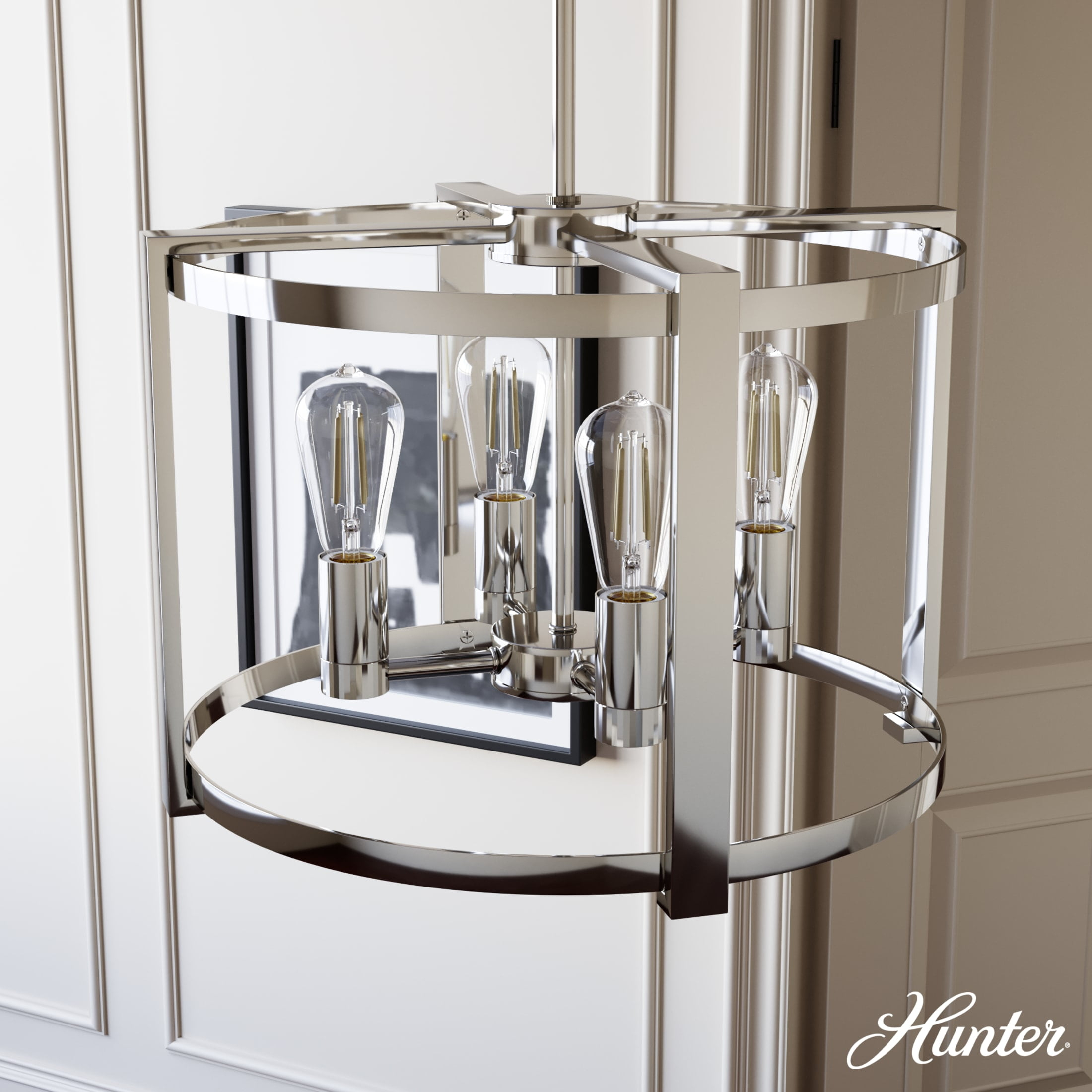 Hunter - Astwood 4-light Polished Nickel, Medium Size Chandelier, Dimmable, Caged Style, Drum Shaped, for Bedrooms, Dining, Living Rooms - 19957