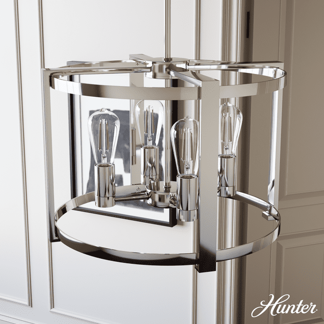 Hunter - Astwood 4-light Polished Nickel, Medium Size Chandelier, Dimmable, Caged Style, Drum Shaped, for Bedrooms, Kitchens, Dining, Living Rooms - 19957