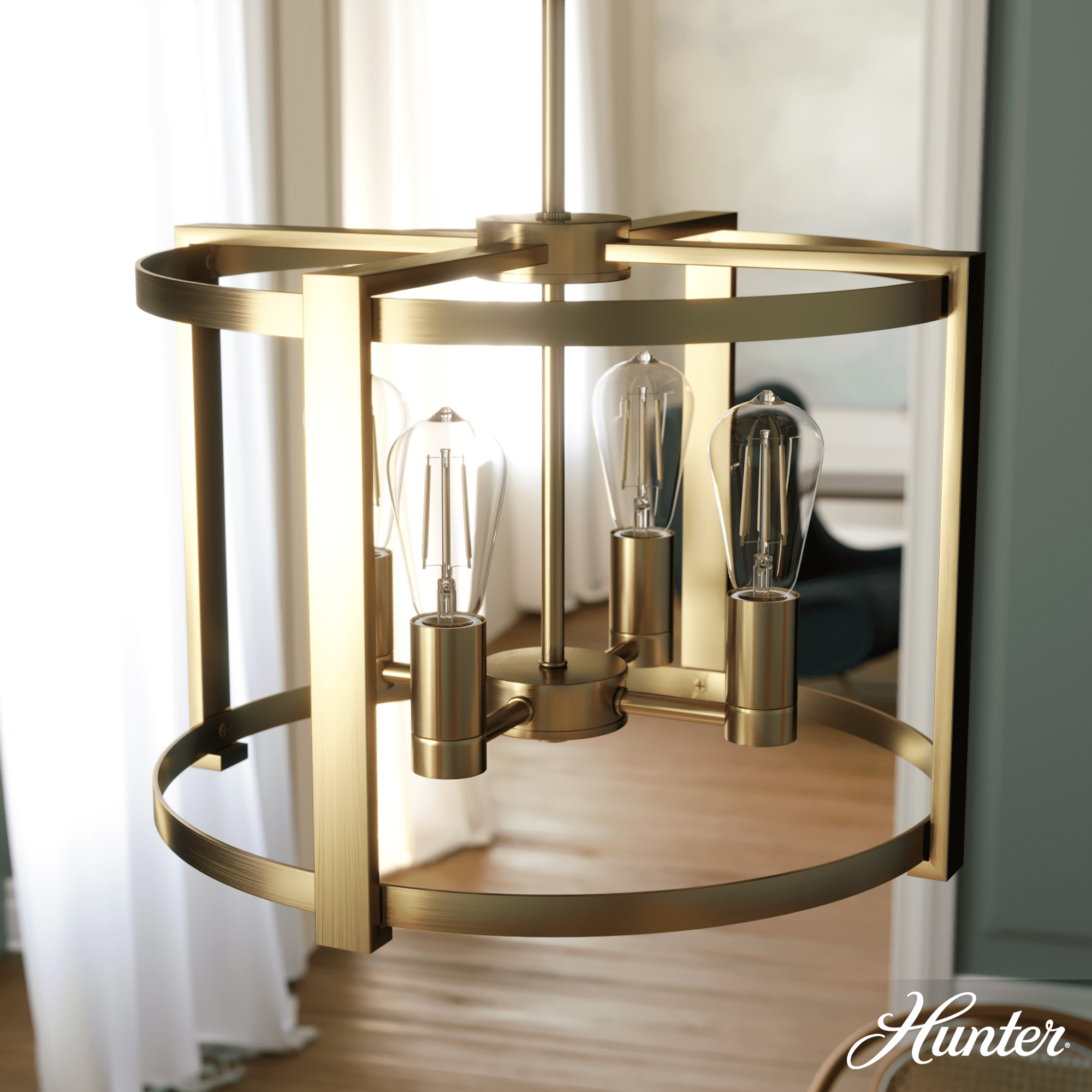 Hunter - Astwood 4-light Alturas Gold, Medium Size Chandelier, Dimmable, Caged Style, Drum Shaped, for Bedrooms, Kitchens, Dining, Living Rooms - 19958